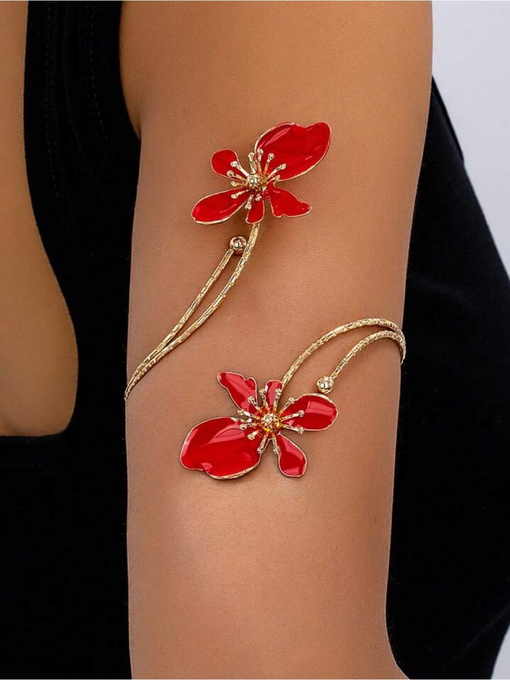 Elegant Red Floral Gold Arm Cuff Bracelet